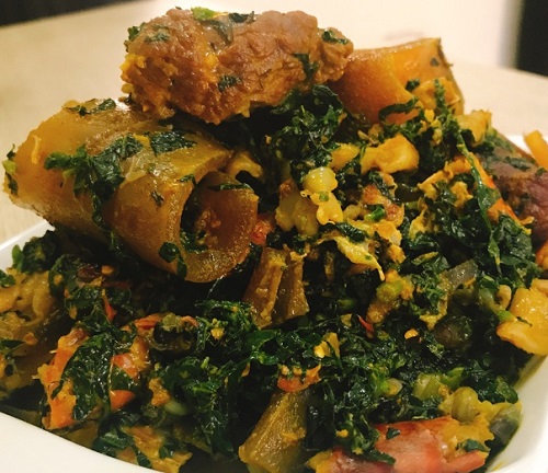 Edikang Ikong Soup with Stockfish (Okporoko), Dried fish, Goat Meat, Snails | 1 Plate